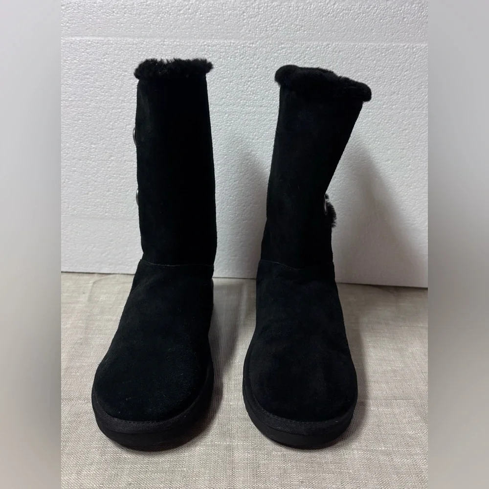 Koolaburra  BY UGG Black Mid-Calf Suede Button Faux-Fur Boots Women